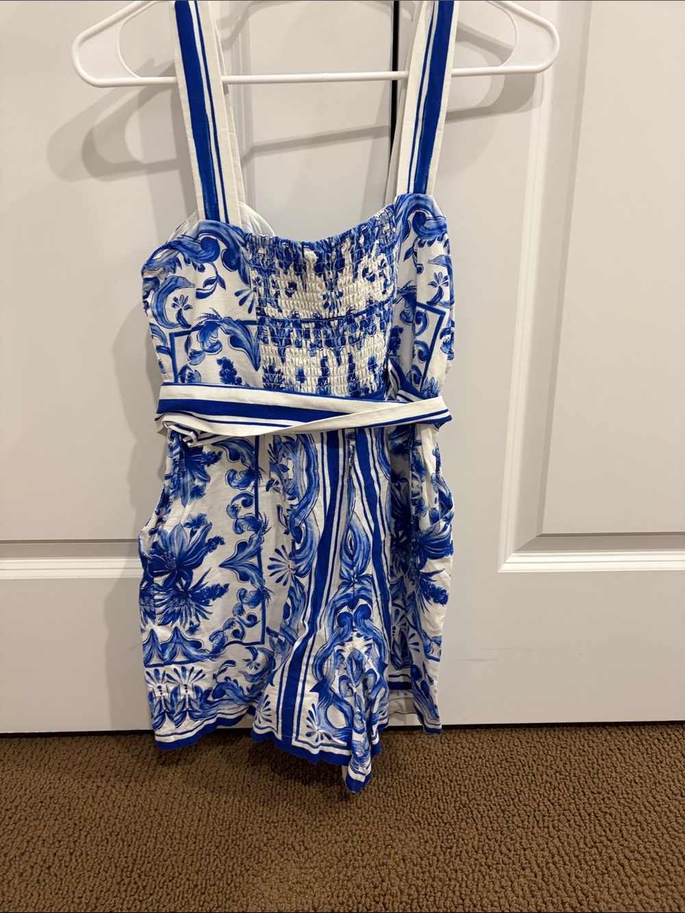 FARM Rio Blue & White Printed Square-Neck Romper with Tie Waist - Picture 4 of 4